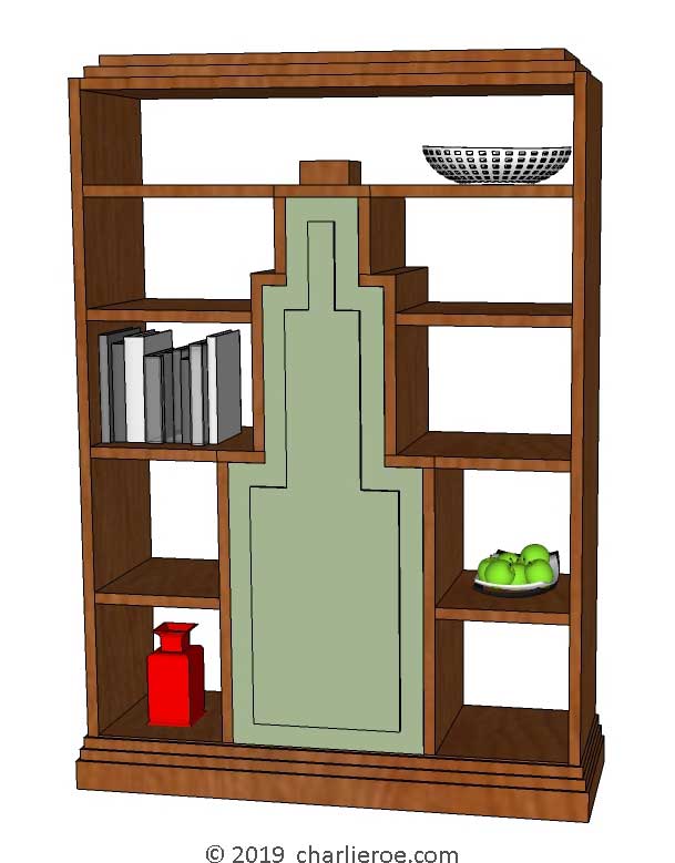 new Art Deco dark wood bookcase with Skyscraper silhouette design and lacquered door