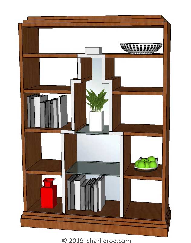 new Art Deco walnut or mahogany dark wood bookcases with Skyscraper silhouette design and satin mirror back panel
