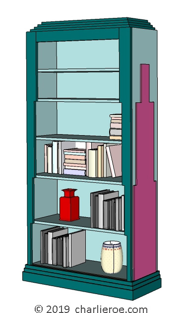 new Art Deco dark wood and painted bookcase with Skyscraper silhouette side design, painted in Miami style pastel colours