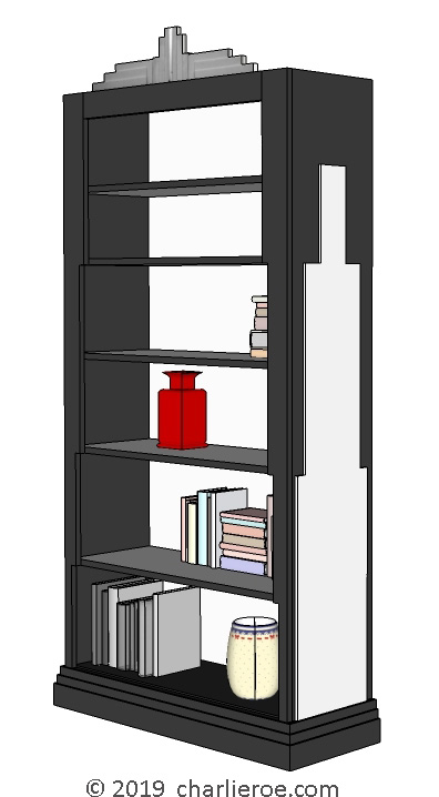 new Art Deco dark wood and painted bookcase with Skyscraper silhouette side design