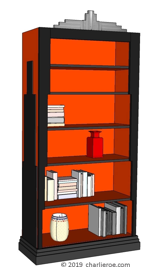 new Art Deco dark wood and painted bookcase with Skyscraper silhouette side design