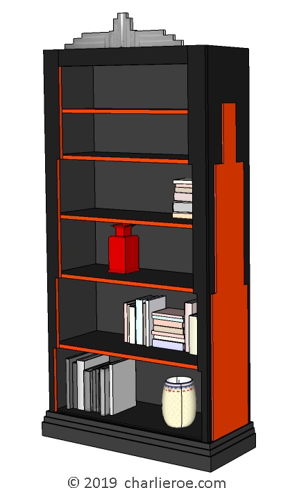 new Art Deco dark wood and painted bookcase with Skyscraper silhouette side design