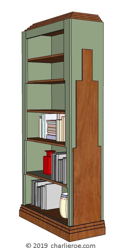 new Art Deco dark wood and painted bookcase with Skyscraper silhouette side design