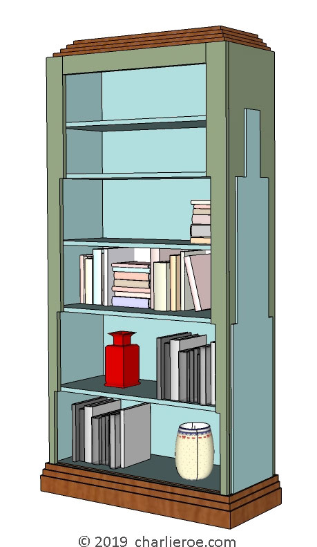 new Art Deco dark wood and painted bookcase with Skyscraper silhouette side design, painted in Miami style pastel colours