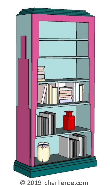 new Art Deco dark wood and painted bookcase with Skyscraper silhouette side design, painted in Miami style pastel colours