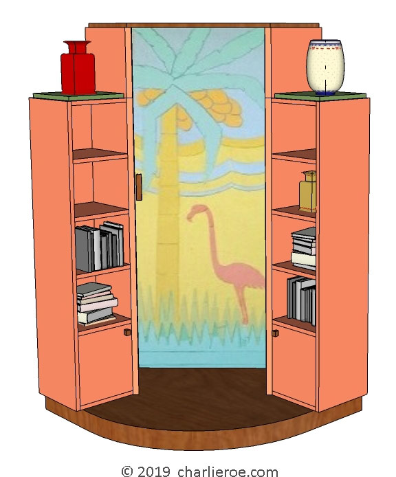 New Art Deco stepped Skyscraper style corner bookcase cuboard home office drinks cabinet storage unit with a painted lacquered finish in Miami style colours and Flamingo door design