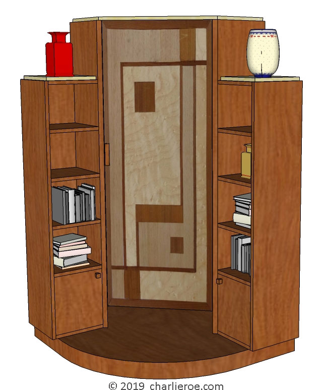 New Art Deco stepped Skyscraper style corner bookcase cuboard home office drink cabinet storage unit with  marquetry veneer door design