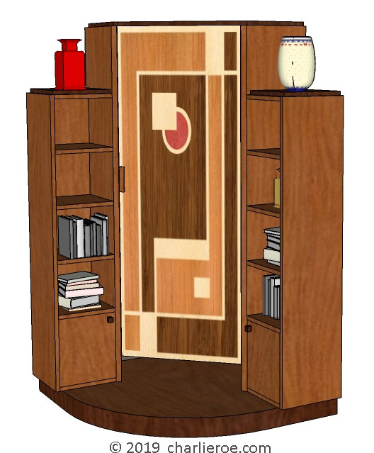 New Art Deco stepped Skyscraper style corner bookcase cuboard home office drink cabinet storage unit with  marquetry veneer door design