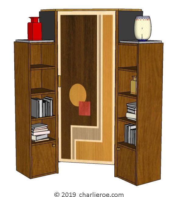 New Art Deco stepped Skyscraper style corner bookcases cuboards home office drinks cabinet storage unit with marquetry veneer door design