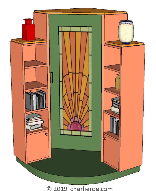 New Art Deco stepped Skyscraper style corner bookcase cuboard home office drinks cabinet storage unit with a painted lacquered finish and stained glass door panel