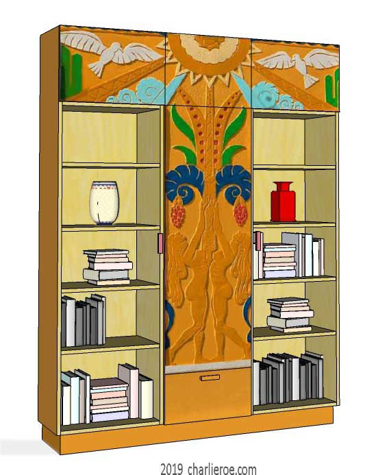 new Art Deco style painted lacquered bookcase storage cabinet cupboard with decorative painted panels