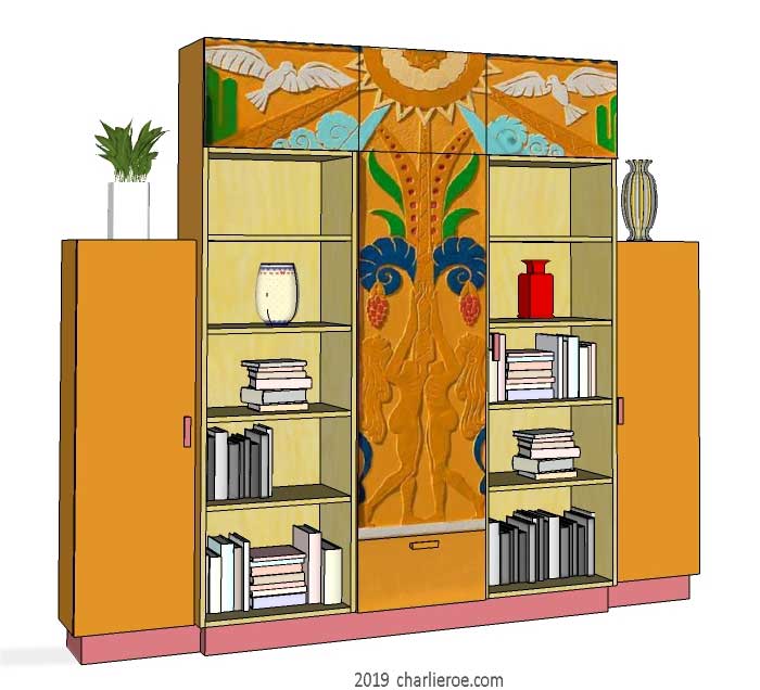 new Art Deco 5 bay stepped style painted lacquered bookcase storage cabinet cupboard with decorative painted panels