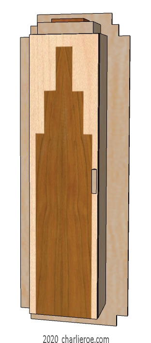 new Art Deco Skyscraper style marquetry veneered 1 door wall hung bookcase storage cabinet cupboard with decorative door design