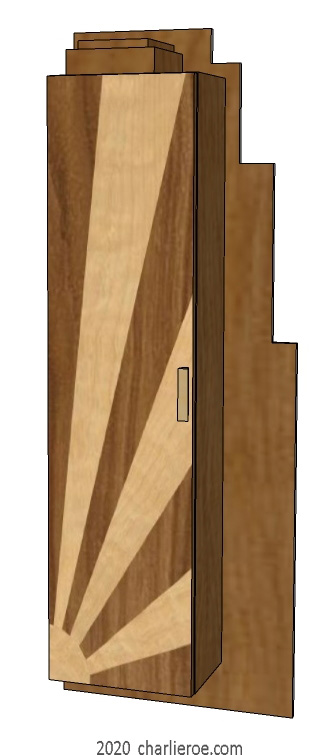 new Art Deco Skyscraper style 1 door wall hung bookcase storage cabinet cupboard with marquetry veneered rising sun decorative door design