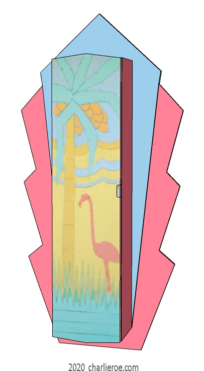 new Art Deco Skyscraper style marquetry veneered 1 door wall hung bookcase storage cabinet cupboard with decorative pink Flamingo door design in Miami Deco colours