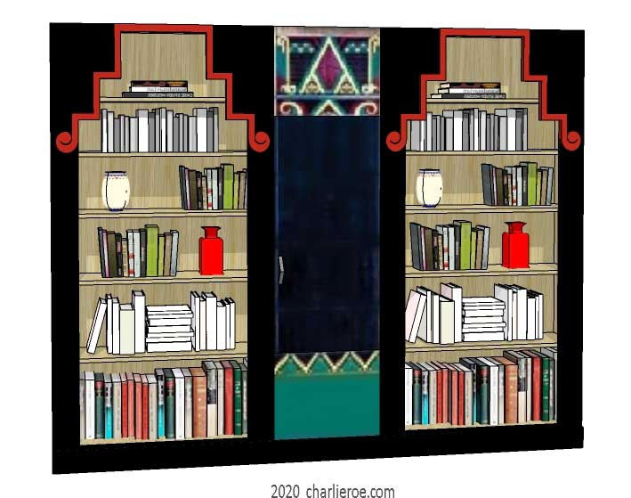 new Art Deco style painted lacquered bookcase storage cabinet cupboard with decorative Cubist painted panels