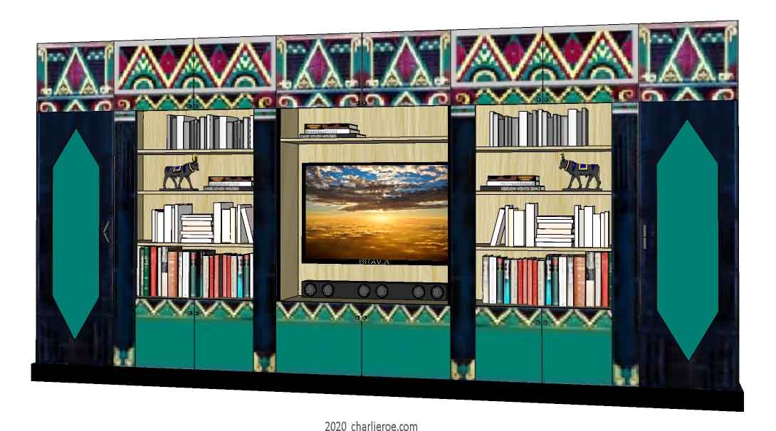 new Art Deco style painted lacquered bookcases storage cabinet cupboards with media center unit with decorative Cubist painted panels