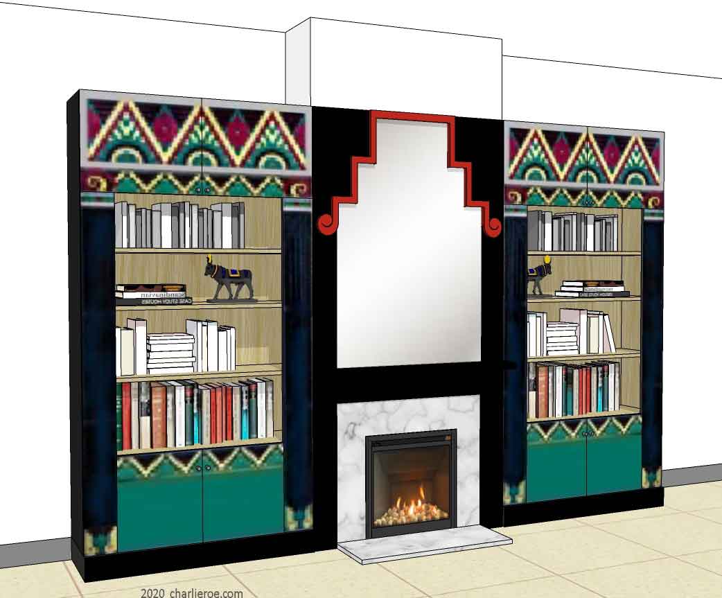 new Art Deco style painted lacquered chimney alcoves / recesses bookcases storage cabinets cupboards libraries with matching fire surround and over mirror & decorative Cubist painted panels