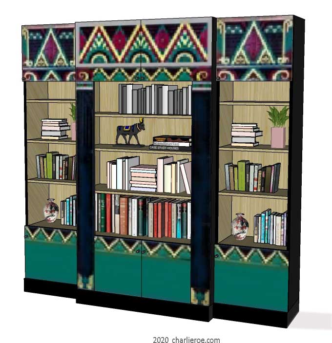 new Art Deco style painted lacquered bookcase storage cabinet cupboard with decorative Cubist painted panels