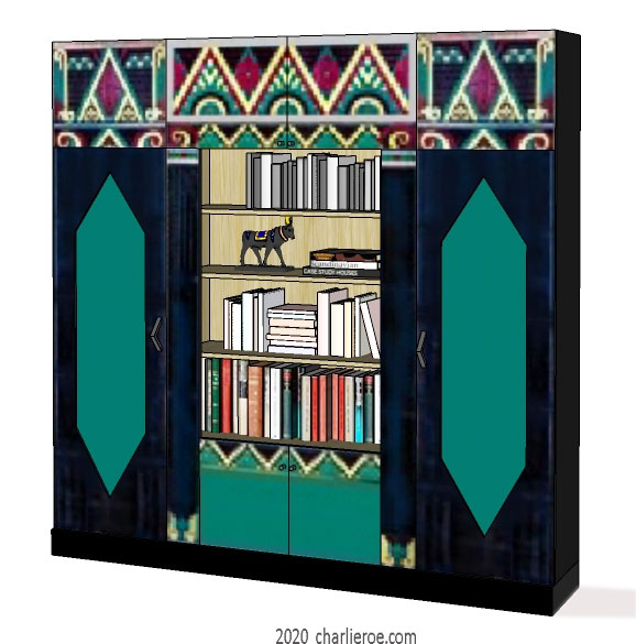 new Art Deco style painted lacquered bookcase storage cabinet cupboard with decorative Cubist painted panels