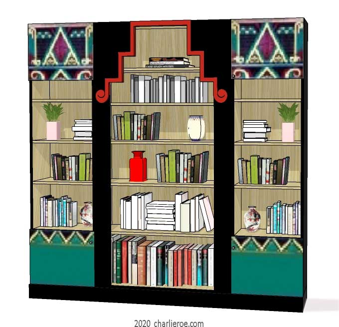 new Art Deco style painted lacquered bookcase storage cabinet cupboard with decorative Cubist painted panels