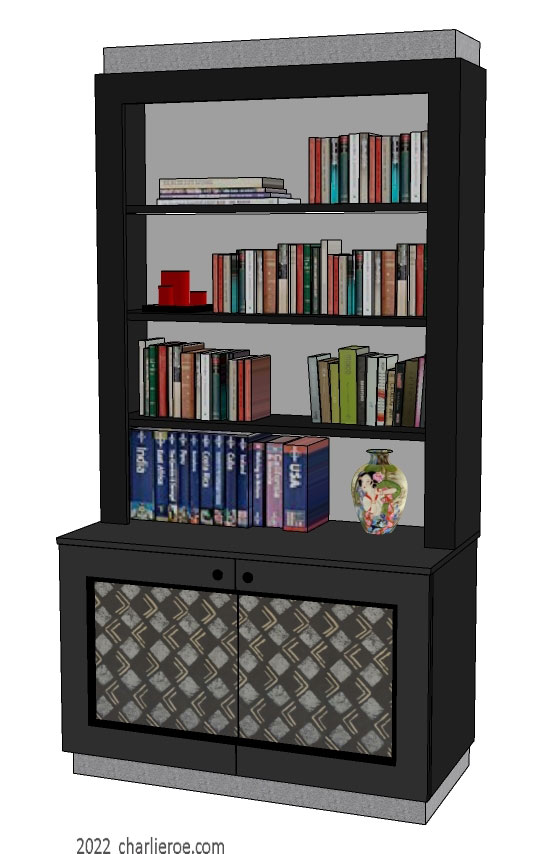 new Art Deco style Artistic hand painted lacquered bookcase display unit with decorative Abstract painted panels