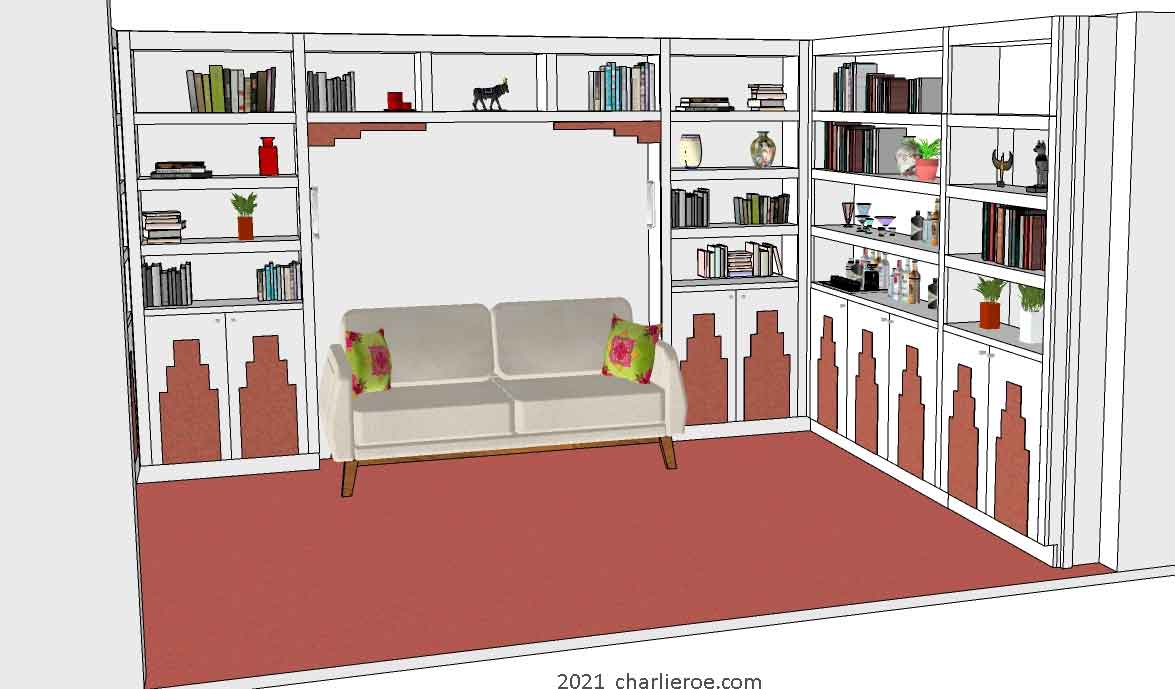 new Art Deco stepped Skyscraper style library bookcases display storage units with wet bar serving area