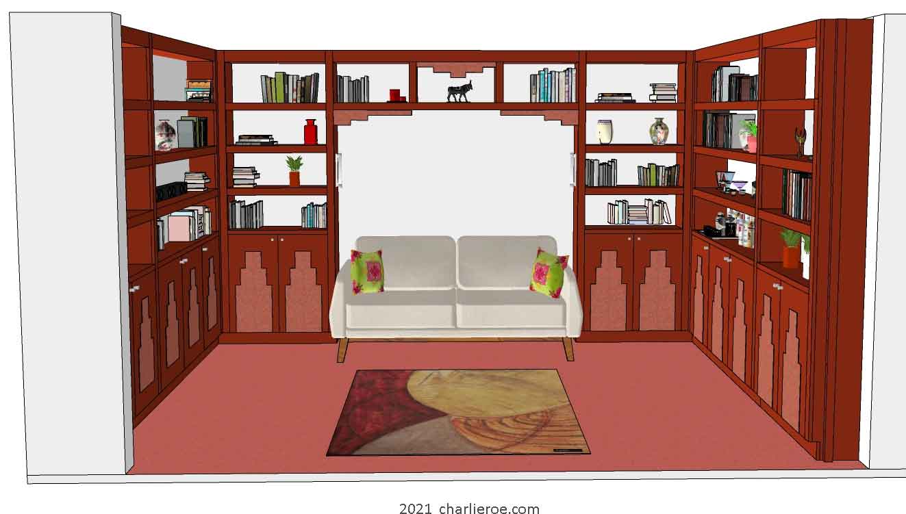 new Art Deco stepped Skyscraper style library bookcases display storage units with wet bar serving area