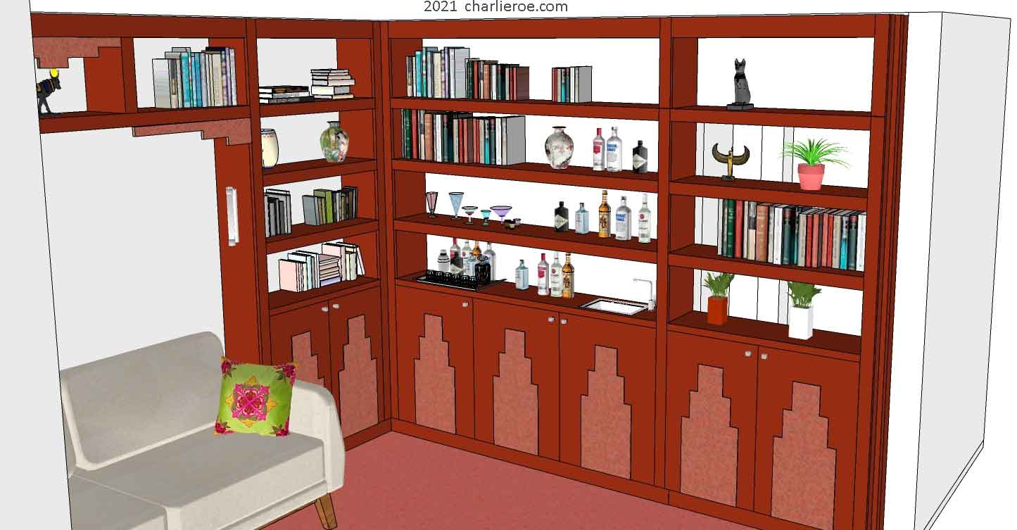 new Art Deco stepped Skyscraper style library bookcases display storage units with wet bar serving area
