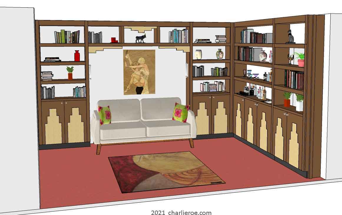 new Art Deco stepped Skyscraper style library bookcases display storage units with wet bar serving area