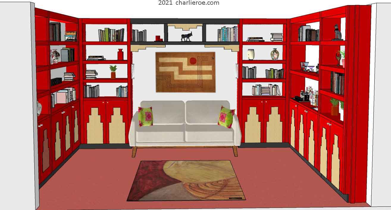 new Art Deco stepped Skyscraper style library bookcases display storage units with wet bar serving area