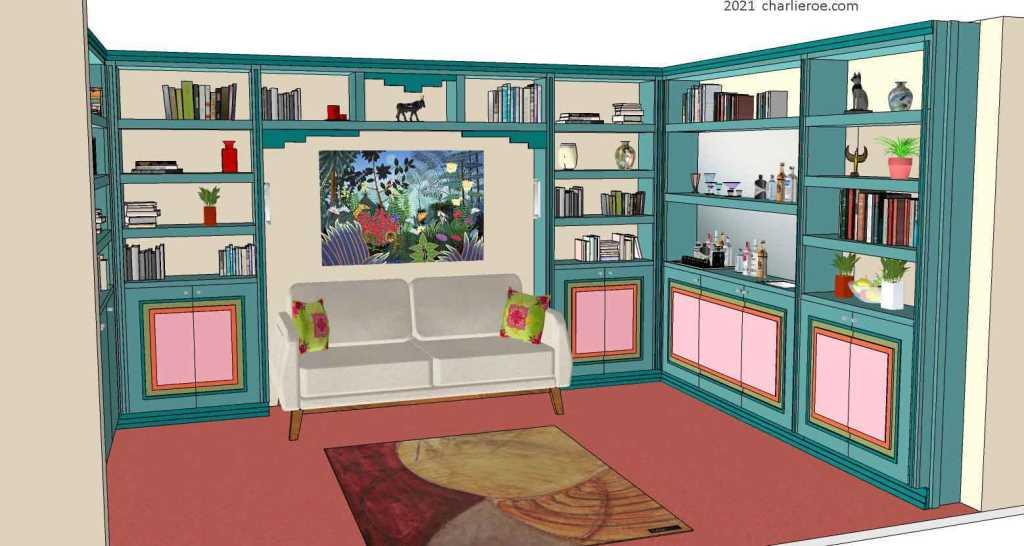 new Art Deco style library bookcases display storage units with wet bar painted in pastel Miami colours