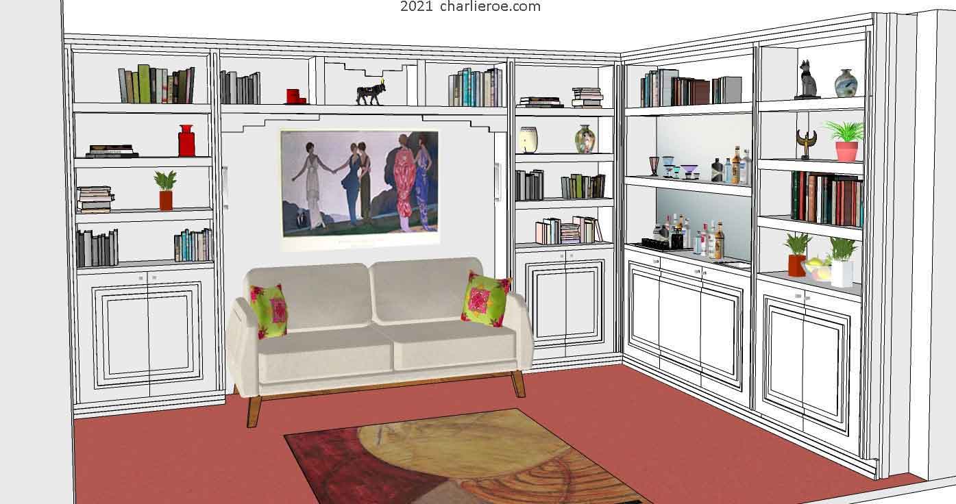 new Art Deco stepped Skyscraper style library bookcases display storage units with wet bar serving area painted lacquered white