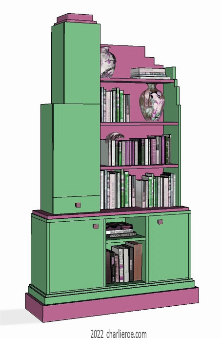 New Art Deco Skyscraper style large asymetric 2 door bookcase or display unit in painted/lacquered or wood finishes