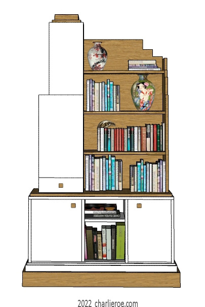 New Art Deco Skyscraper style large asymetric 2 door bookcase or display unit in painted/lacquered or wood finishes