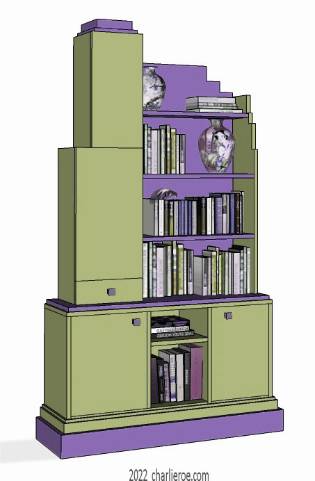 New Art Deco Skyscraper style large asymetric 2 door bookcase or display unit in painted/lacquered or wood finishes