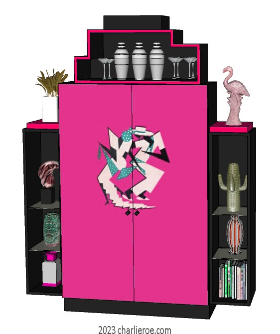 New Art Deco stepped 2 door bookcases display cabinets cuboards drinks cabinet with hand painted Cubist design on the doors