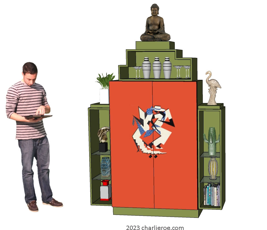 New Art Deco stepped 2 door bookcases display cabinets cuboards drinks cabinet with painted Josephine Baker Cubist design on the doors