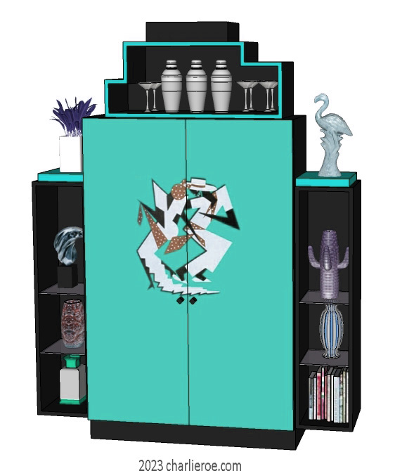 New Art Deco stepped 2 door bookcases display cabinets cuboards drinks cabinet with painted Josephine Baker Cubist design on the doors