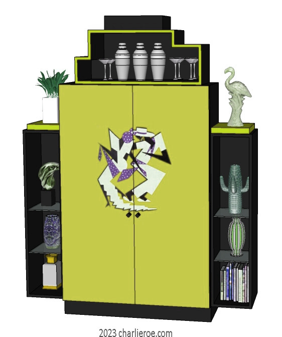 New Art Deco stepped 2 door bookcases display cabinets cuboards drinks cabinet with painted Josephine Baker Cubist design on the doors