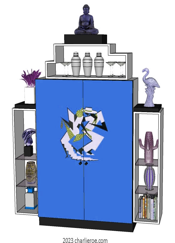 New Art Deco stepped 2 door bookcases display cabinets cuboards drinks cabinet with painted Josephine Baker Cubist design on the doors