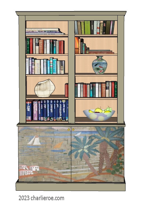 New Art Deco stepped 2 door bookcase display cabinet cuboard drink cabinet with hand painted Cubist seascape design on the doors