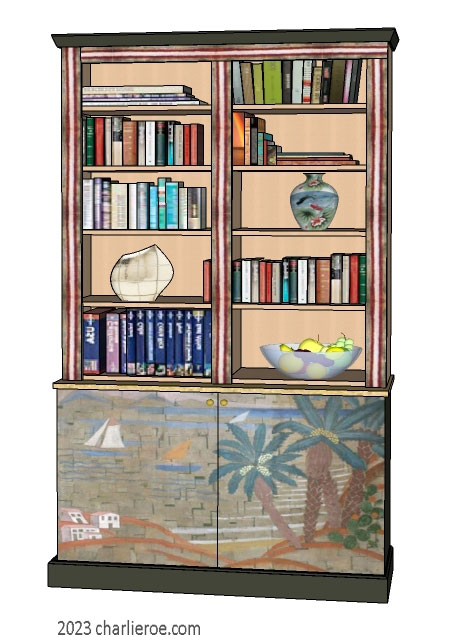 New Art Deco stepped 2 door bookcase display unit with hand painted Cubist seascape design on the doors