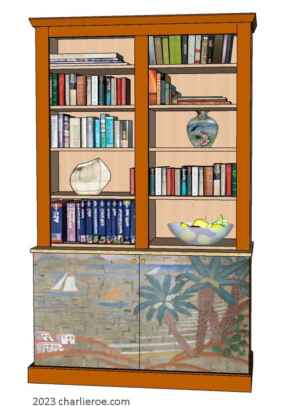 New Art Deco stepped 2 door bookcase display unit with hand painted Cubist seascape design on the doors