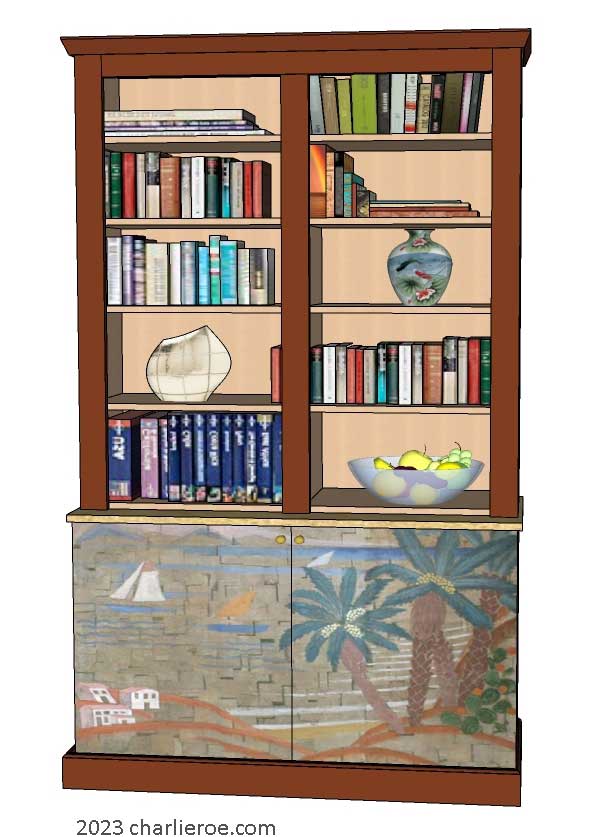 New Art Deco stepped 2 door bookcase display unit with hand painted Cubist seascape design on the doors