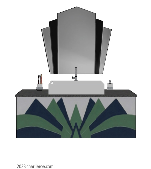 New Art Deco wall hung bathroom vanity unit with hand painted Cubist fan shapes design on the doors