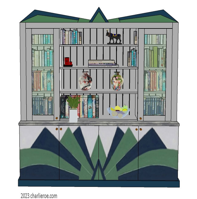 New Art Deco 3 door bookcase display unit with hand painted Cubist fan shapes design on the doors
