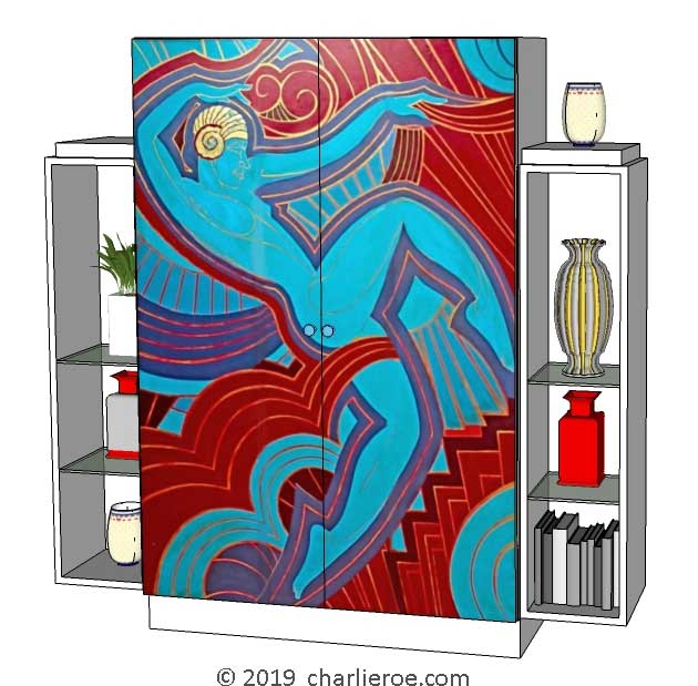 New Art Deco stepped 2 door bookcases display cabinets cuboards drinks cabinet bar with painted Josephine Baker Cubist design on the doors