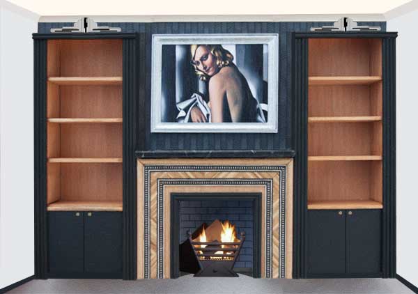 new Art Deco built-in bookcases & fireplace