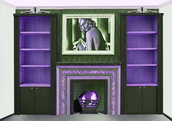 new Art Deco built-in bookcases & fireplace